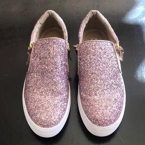 Not Rated pink glitter slip ons EUC